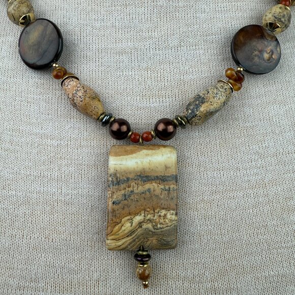 Chunky Jasper Stone MOP Beaded Necklace 22.75" - Picture 2 of 8